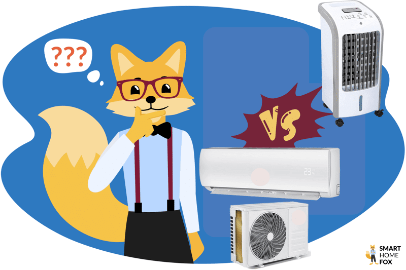 Эксперт Smart Home Fox сидит рядом с кондиционером без воздуховода, в комнате также есть сплит-система, которая охлаждает помещение; сплит подключен к наружному блоку.